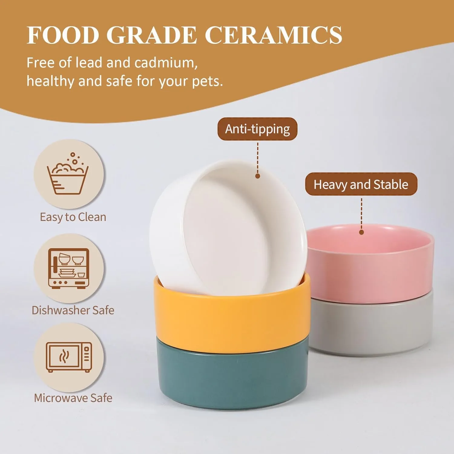 Elevated Ceramic Cat Bowl - Cat Food Bowl with Bamboo Stand - Raised Dog Dish for Puppies - Anti Vomiting, Stress Free - 13.5 oz / 400 ml - White