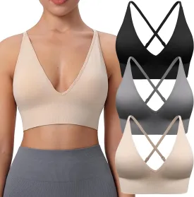 Evercute Women's Sports Bras Adjustable Deep V Neck Bras Wireless Spaghetti Strap Criss Cross Padded Low Support Sexy Bras