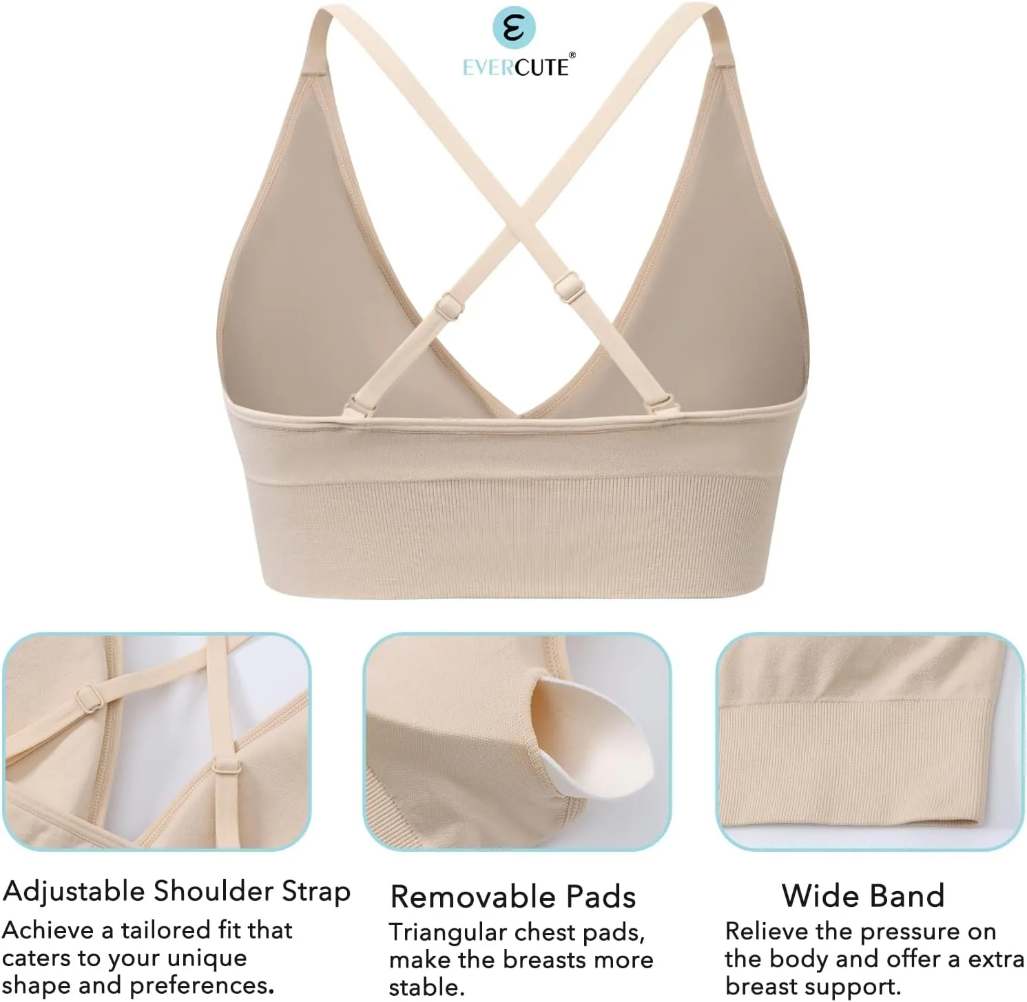 Evercute Women's Sports Bras Adjustable Deep V Neck Bras Wireless Spaghetti Strap Criss Cross Padded Low Support Sexy Bras