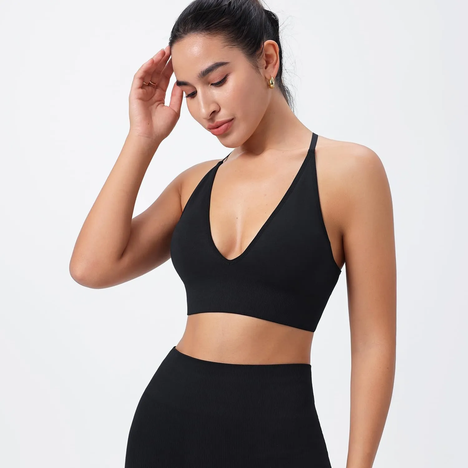 Evercute Women's Sports Bras Adjustable Deep V Neck Bras Wireless Spaghetti Strap Criss Cross Padded Low Support Sexy Bras