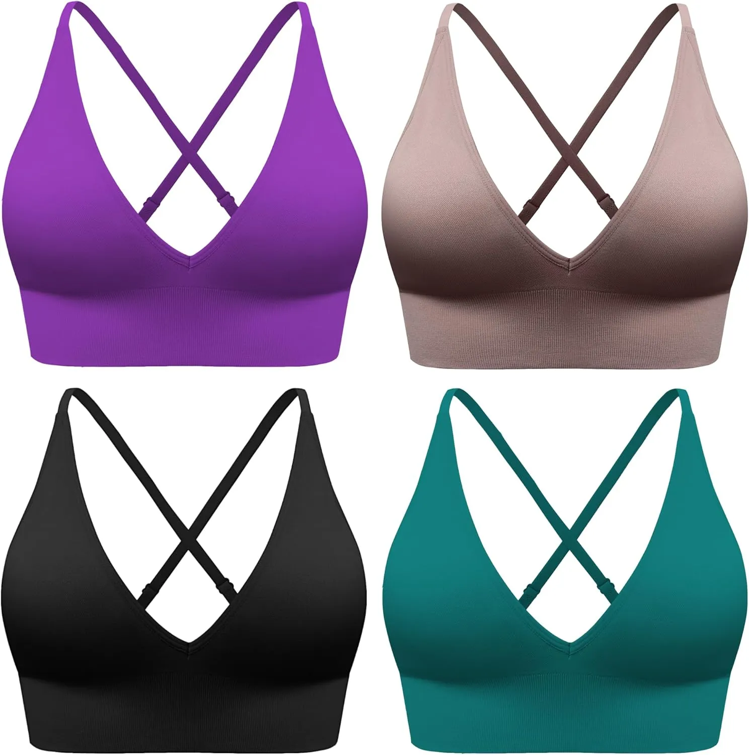 Evercute Women's Sports Bras Adjustable Deep V Neck Bras Wireless Spaghetti Strap Criss Cross Padded Low Support Sexy Bras