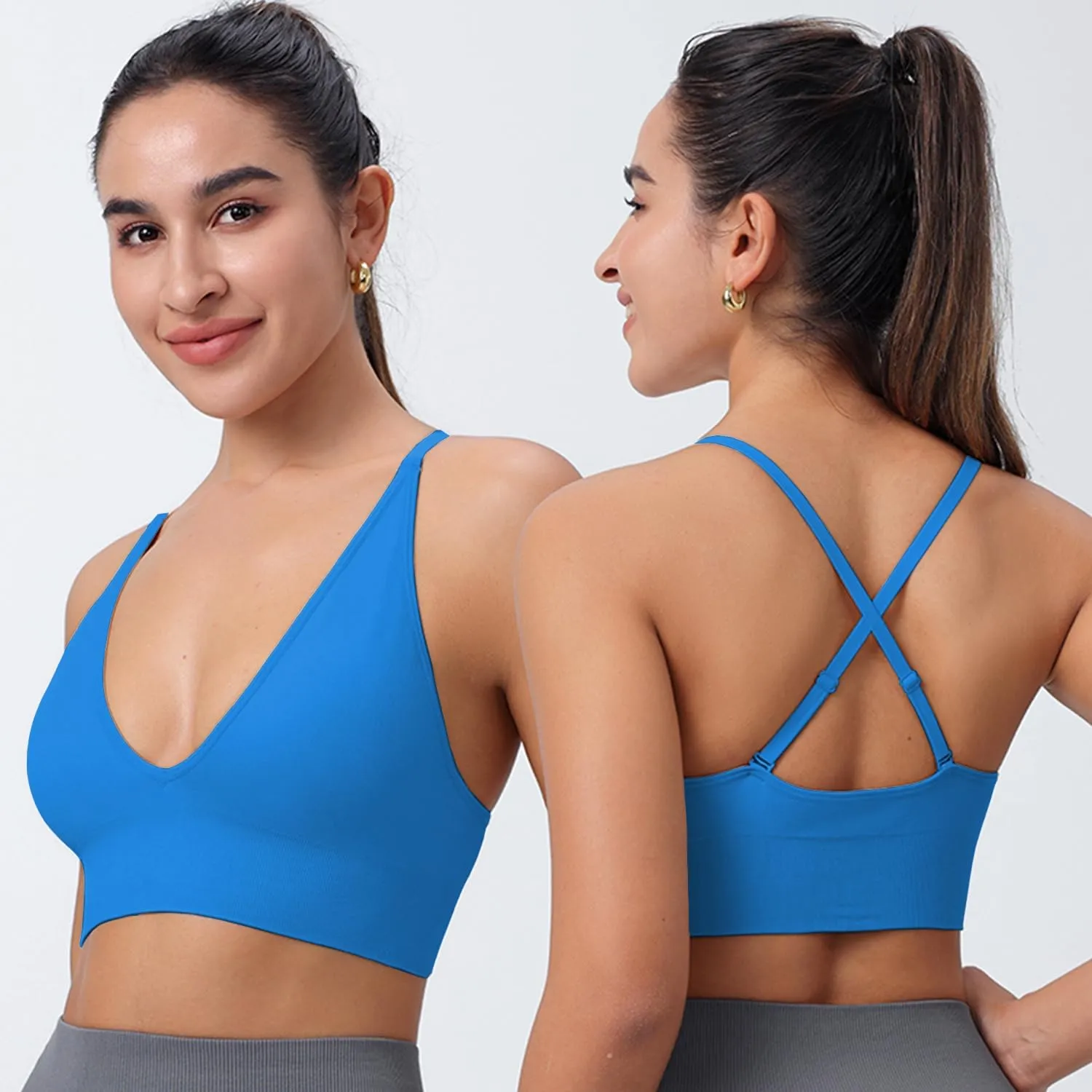Evercute Women's Sports Bras Adjustable Deep V Neck Bras Wireless Spaghetti Strap Criss Cross Padded Low Support Sexy Bras