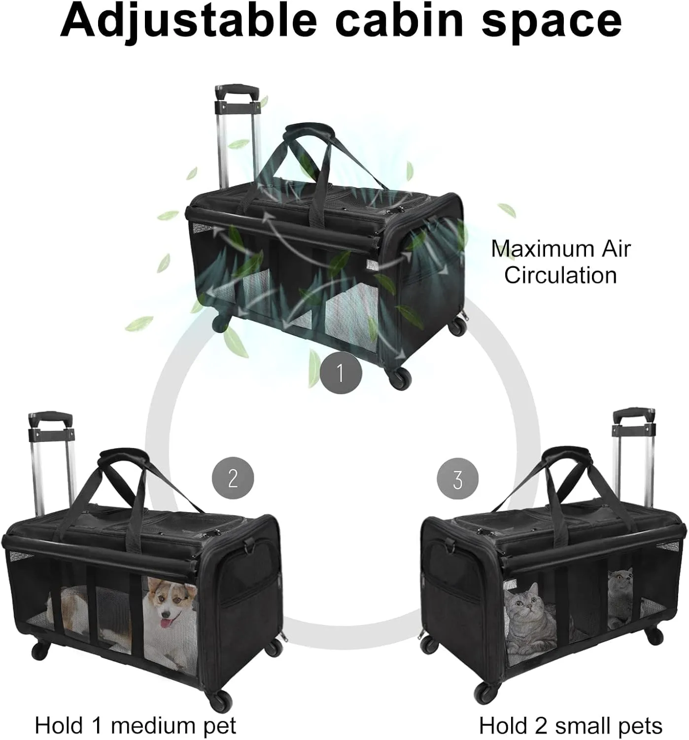 GJEASE Cat Rolling Carrier for 2 Cats,Double-Compartment Pet Rolling Carrier with Wheels for 2 Pets,for Up to 35 LBS,Super Ventilated Design,Ideal for Traveling/Hiking/Camping
