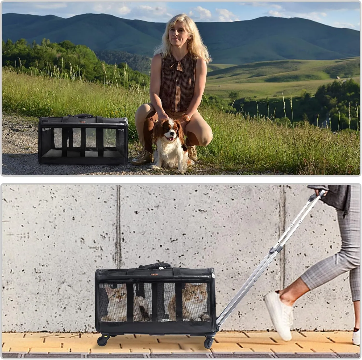 GJEASE Cat Rolling Carrier for 2 Cats,Double-Compartment Pet Rolling Carrier with Wheels for 2 Pets,for Up to 35 LBS,Super Ventilated Design,Ideal for Traveling/Hiking/Camping