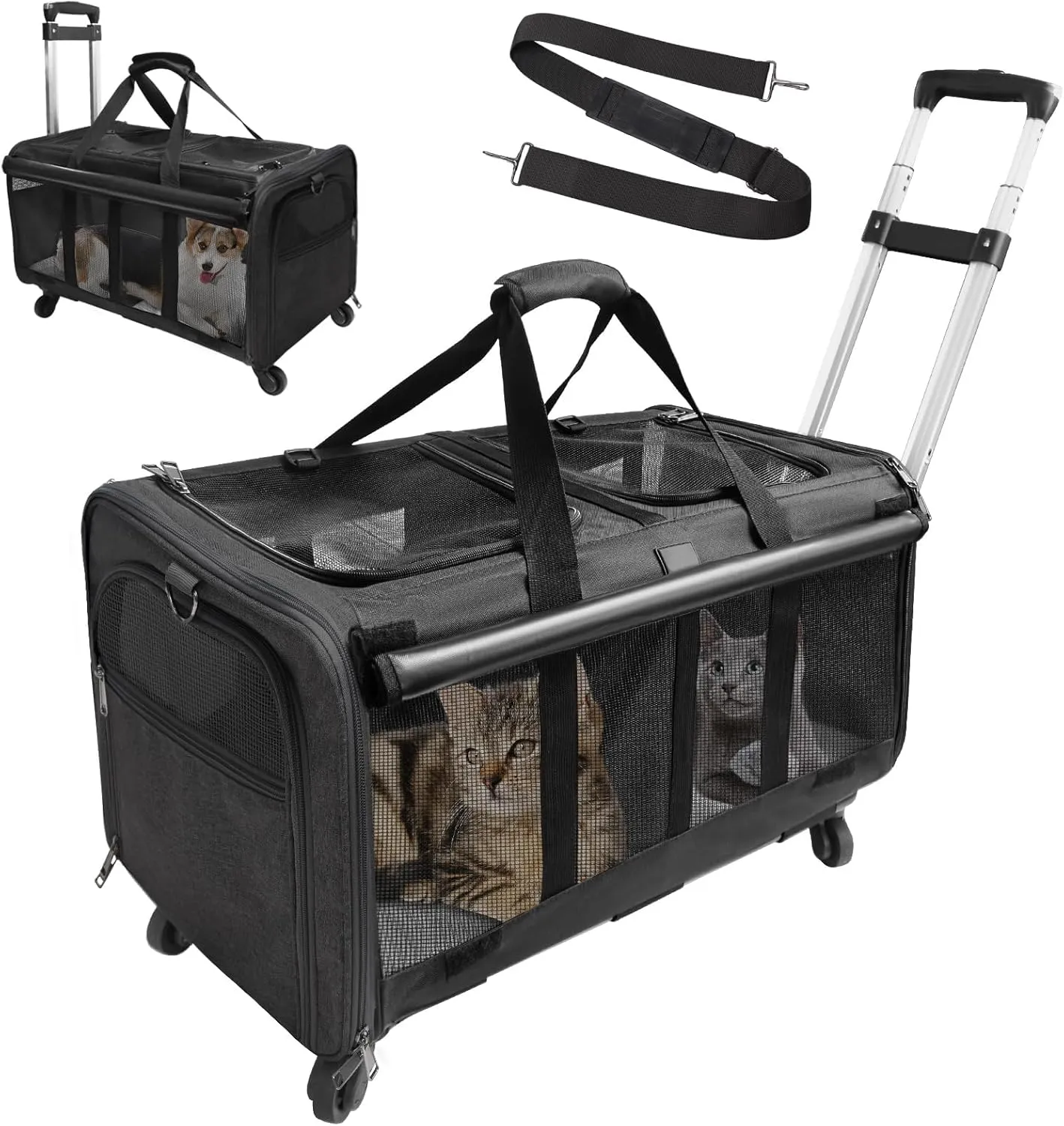 GJEASE Cat Rolling Carrier for 2 Cats,Double-Compartment Pet Rolling Carrier with Wheels for 2 Pets,for Up to 35 LBS,Super Ventilated Design,Ideal for Traveling/Hiking/Camping
