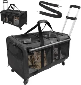 GJEASE Cat Rolling Carrier for 2 Cats,Double-Compartment Pet Rolling Carrier with Wheels for 2 Pets,for Up to 35 LBS,Super Ventilated Design,Ideal for Traveling/Hiking/Camping