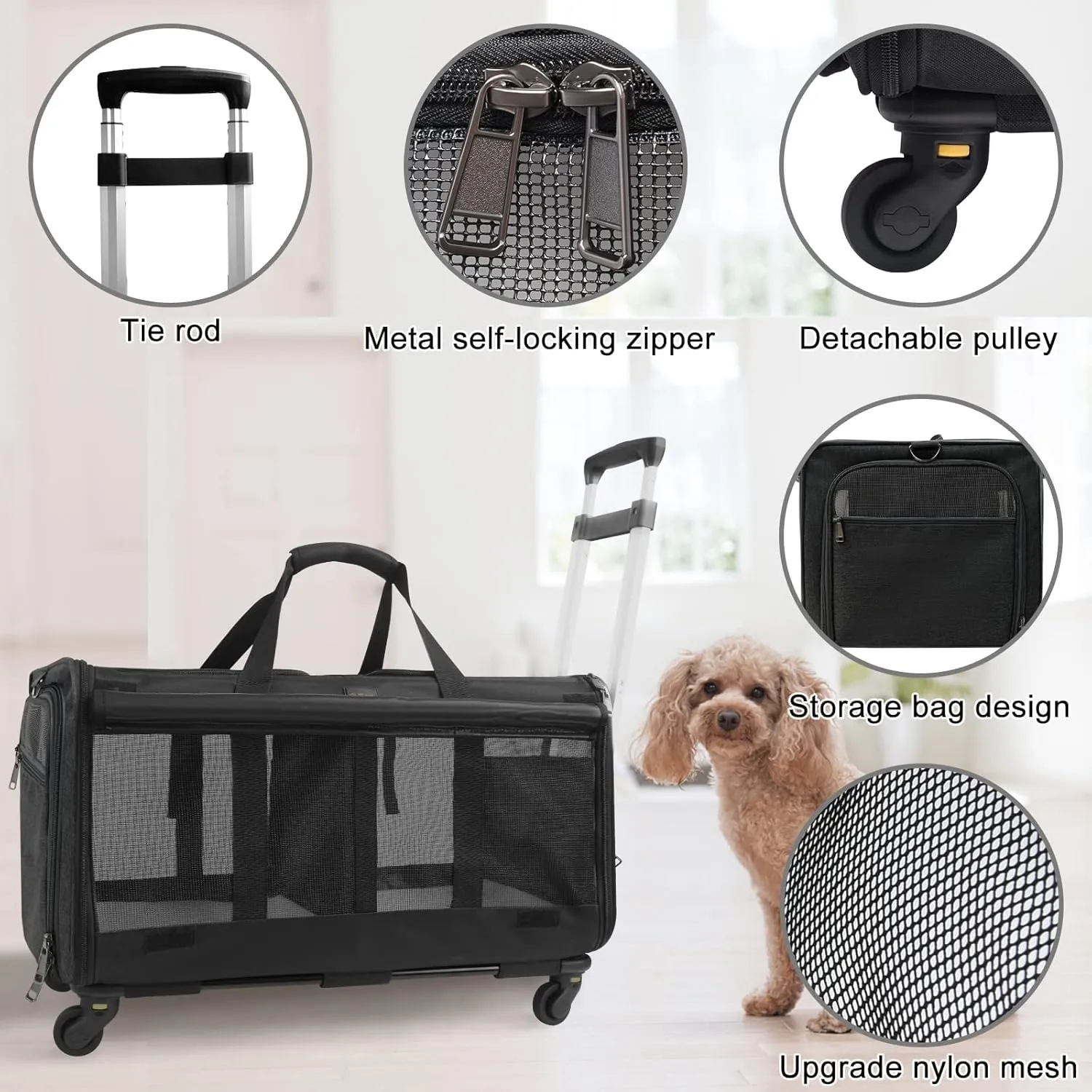 GJEASE Cat Rolling Carrier for 2 Cats,Double-Compartment Pet Rolling Carrier with Wheels for 2 Pets,for Up to 35 LBS,Super Ventilated Design,Ideal for Traveling/Hiking/Camping