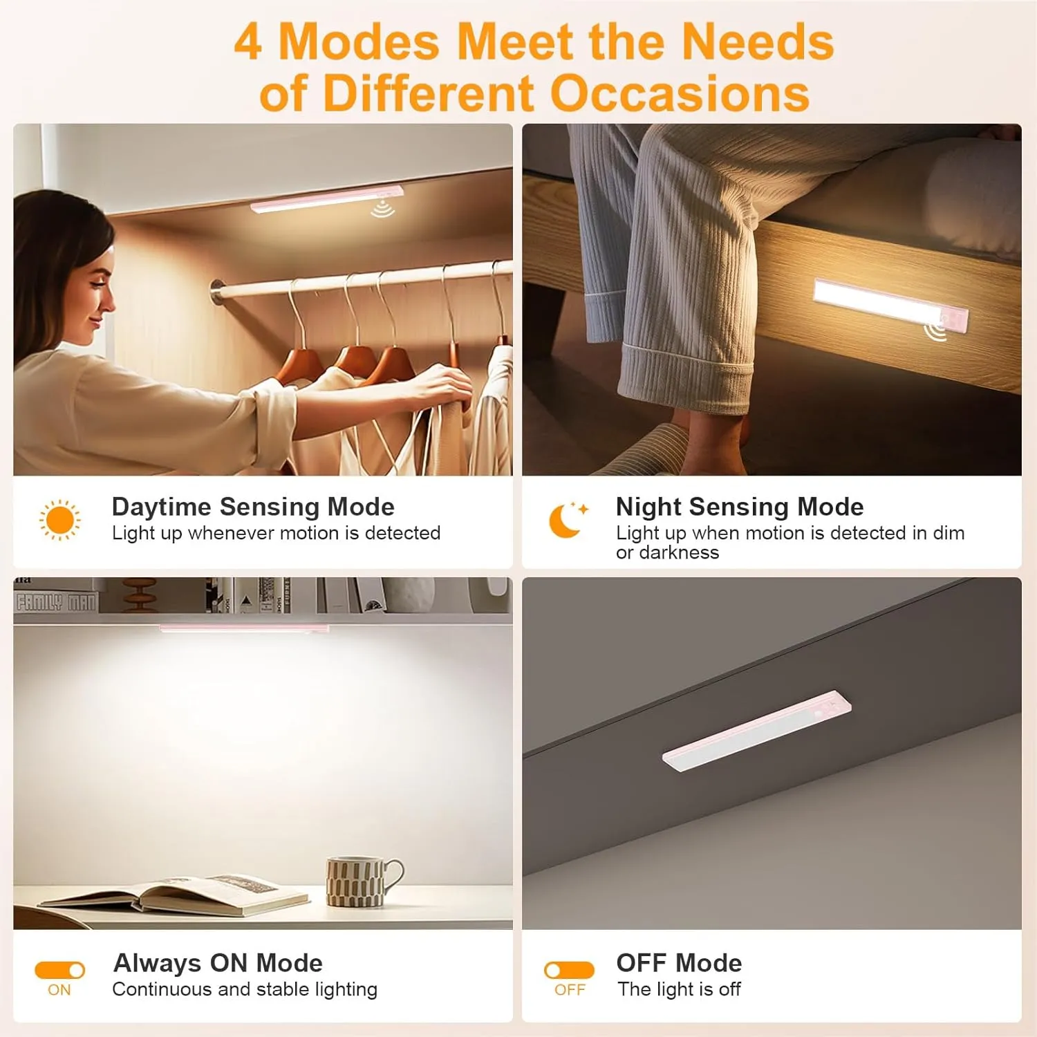 Gritin 10.2inch Under Cabinet Lighting Rechargeable -84 LED Super Bright,3-Color& 5 Level Brightness,4 Modes,Motion Sensor, Long Lasting- Easy Installation Magnetic Closet Lights -2 Pack-Pink