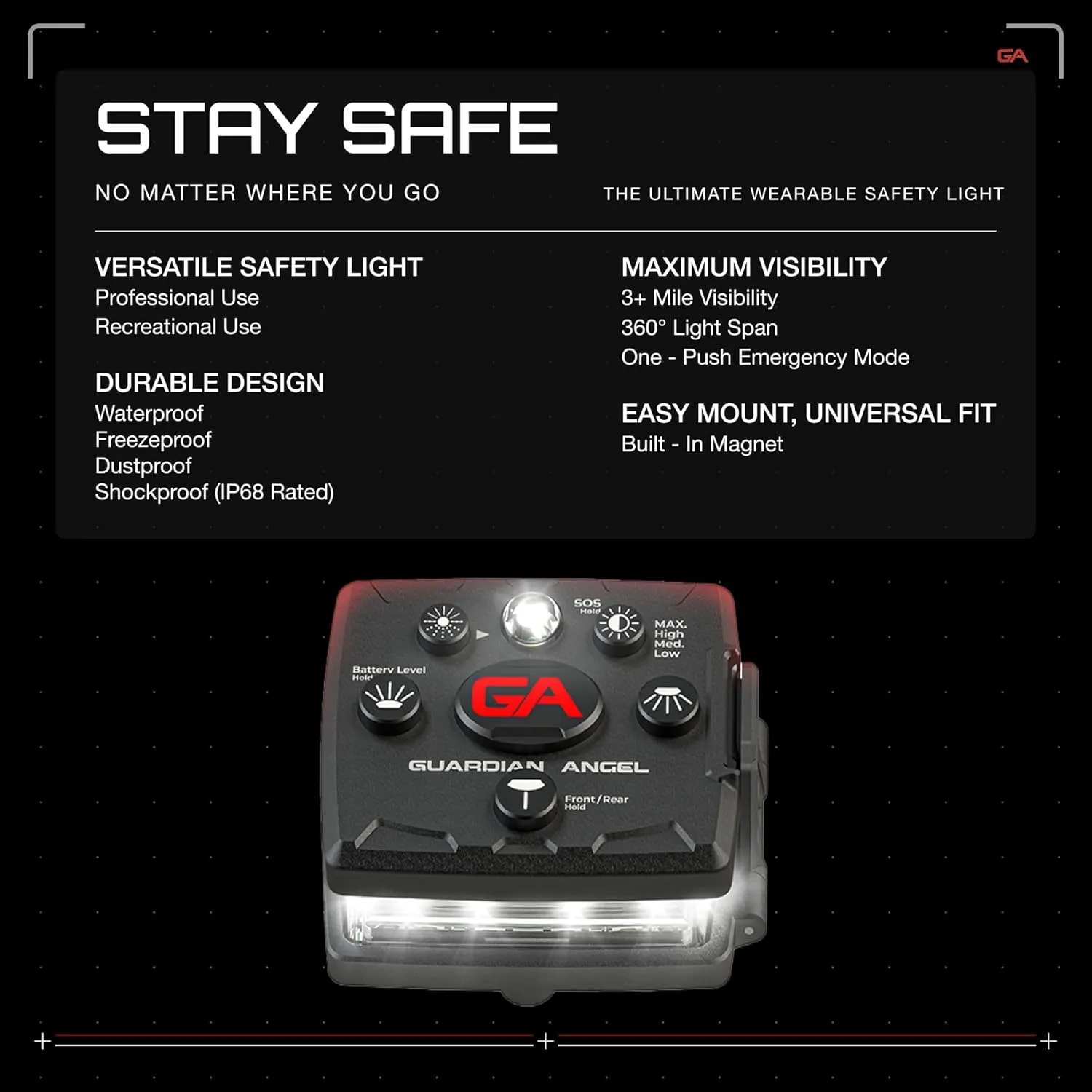 Guardian Angel Micro Series Safety Lights, (All White Front & Red Rear) | Rechargeable, Magnetic & Hands-Free Wearable LED Flashlight for Dog Walking, Cycling, Hiking, Camping & Fishing