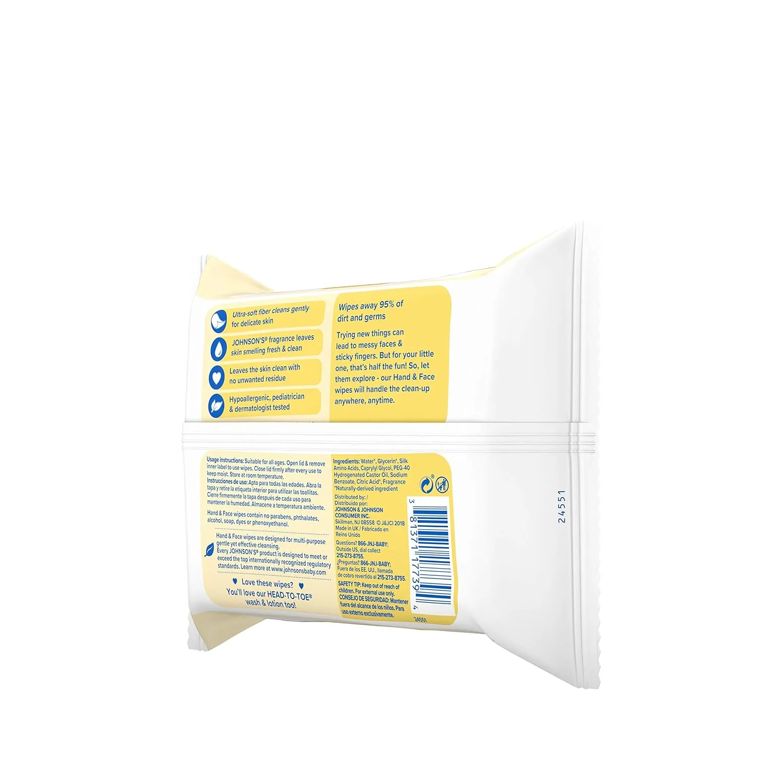 Johnson's Baby Hand & Face Baby Sanitizing Cleansing Wipes for Travel and On-The-Go, No More Tears Formula, Paraben and Alcohol Free, 25 ct, Case of 4