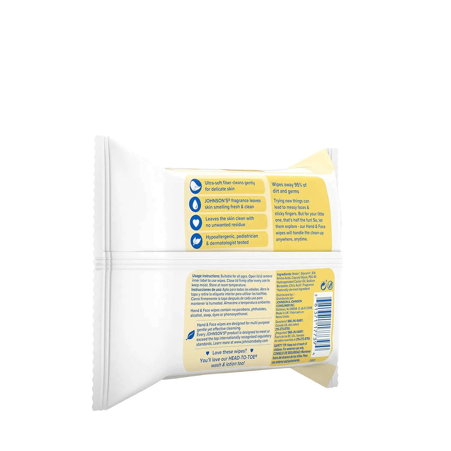 Johnson's Baby Hand & Face Baby Sanitizing Cleansing Wipes for Travel and On-The-Go, No More Tears Formula, Paraben and Alcohol Free, 25 ct, Case of 4