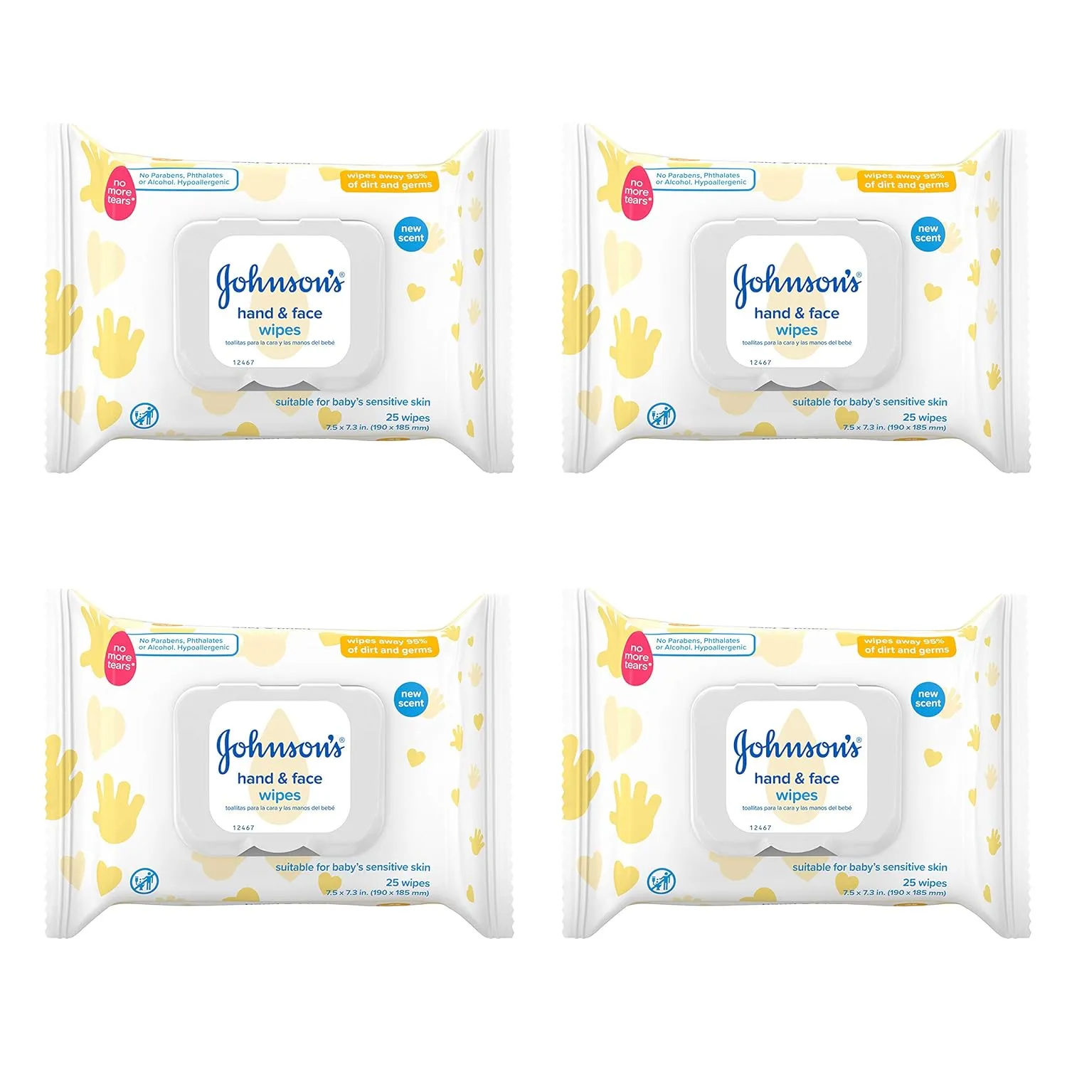 Johnson's Baby Hand & Face Baby Sanitizing Cleansing Wipes for Travel and On-The-Go, No More Tears Formula, Paraben and Alcohol Free, 25 ct, Case of 4