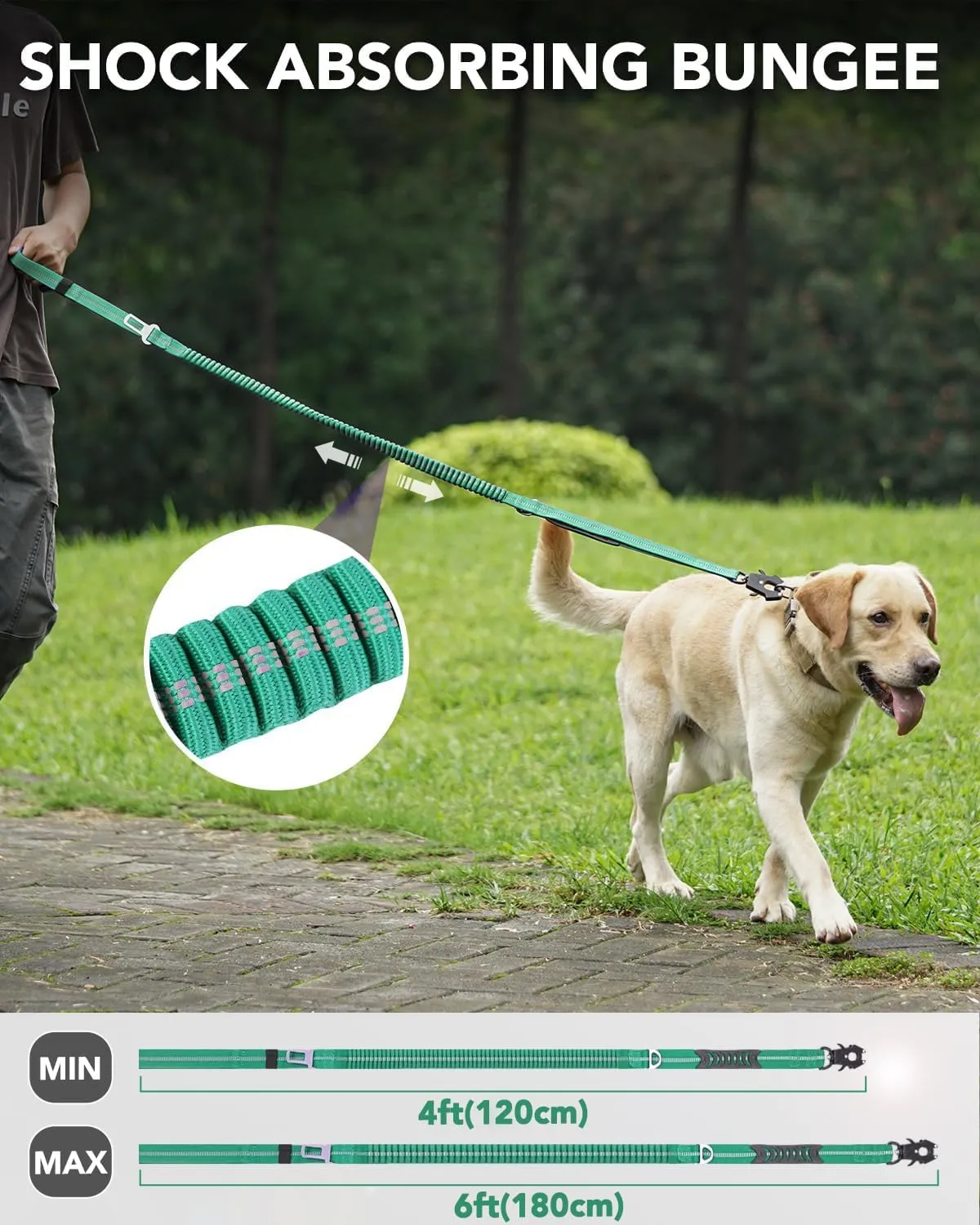 Joytale Tactical Dog Leash Heavy Duty, 4-6FT Shock Absorbing Bungee Lead with 2 Padded Handle, Metal Carabiner Clip, Car Seatbelt, Strong No Pull Leash for Medium Large X-Large Dogs, Teal