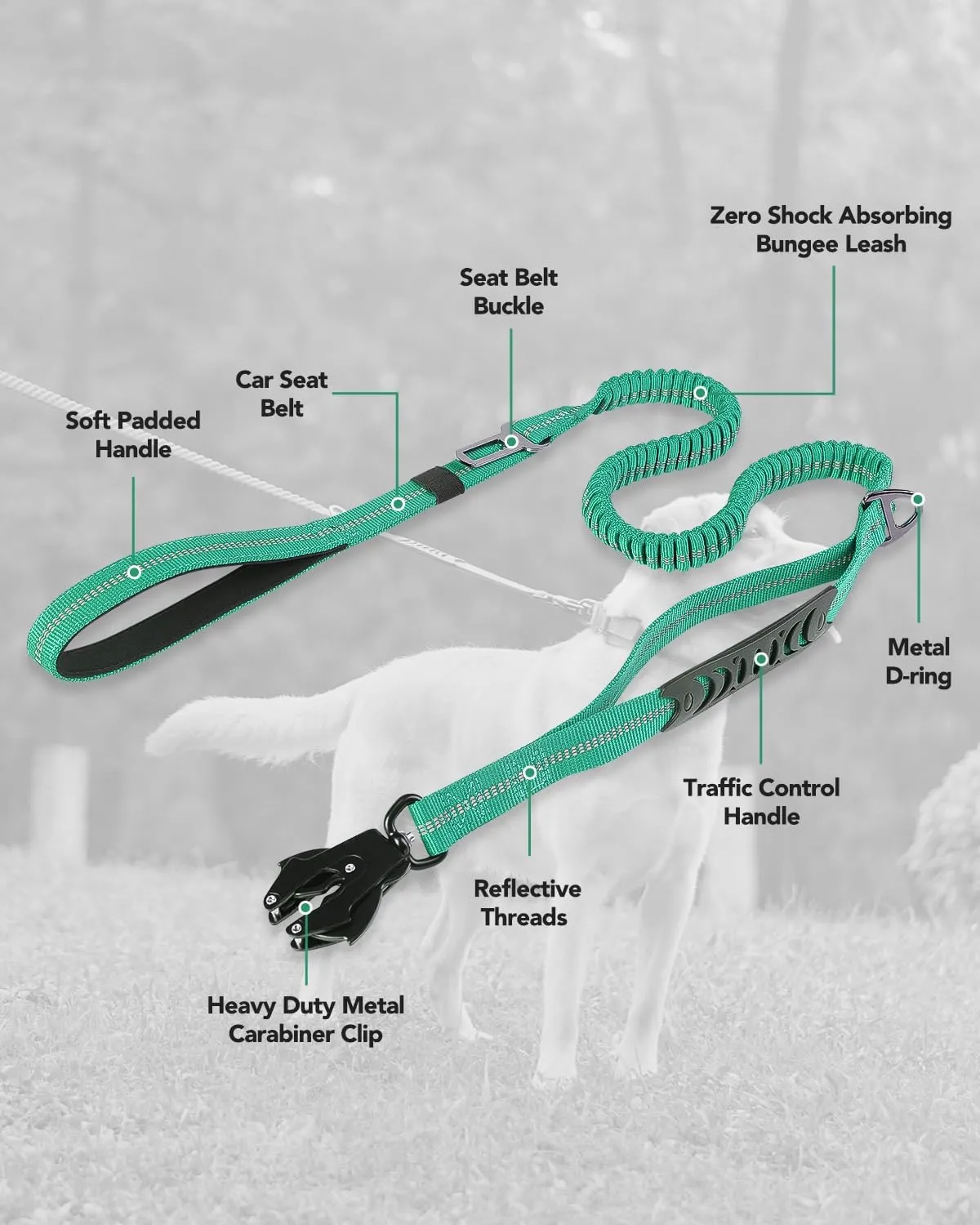 Joytale Tactical Dog Leash Heavy Duty, 4-6FT Shock Absorbing Bungee Lead with 2 Padded Handle, Metal Carabiner Clip, Car Seatbelt, Strong No Pull Leash for Medium Large X-Large Dogs, Teal