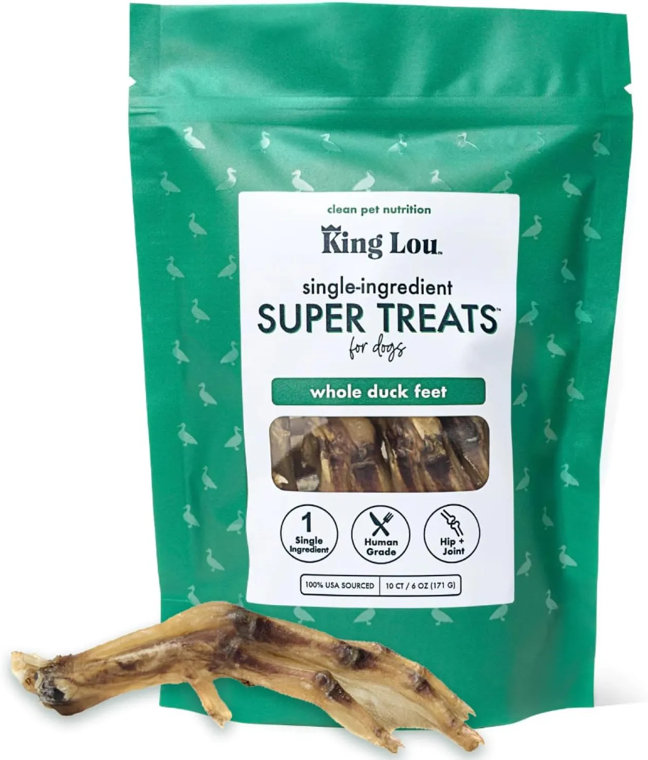 King Lou Pets - Whole Duck Feet for Dogs - Dehydrated Duck Dog Treats - USA-Made Dental Treats for Dogs - Collagen, Glucosamine, Chondroitin for Hip and Joint Health - 10 Count