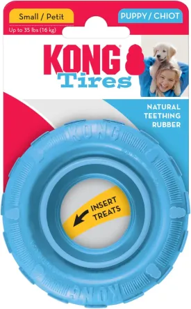 KONG Puppy Tires - Dog Chew Toy for Puppies - Stuffable Dog Toy for Treats & Snacks - Natural Rubber Chew Toy for Teething Puppy - for Small Puppies - Randomly Provided Color