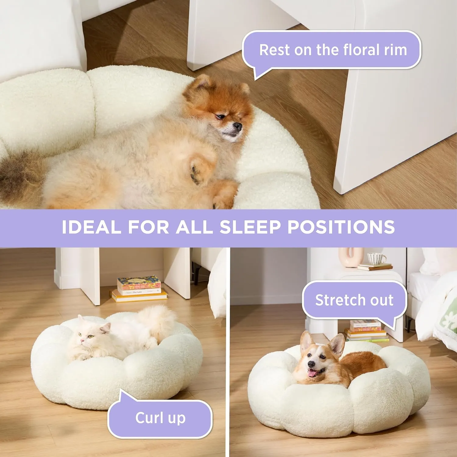 LE SURE Calming Large Dog Bed - Flower Donut Round Fluffy Puppy Bed in Plush Teddy Sherpa, Non-Slip Cute Flower Dog Beds, Large Pet Bed Fits up to 100 lbs, Machine Washable, Cream 36''