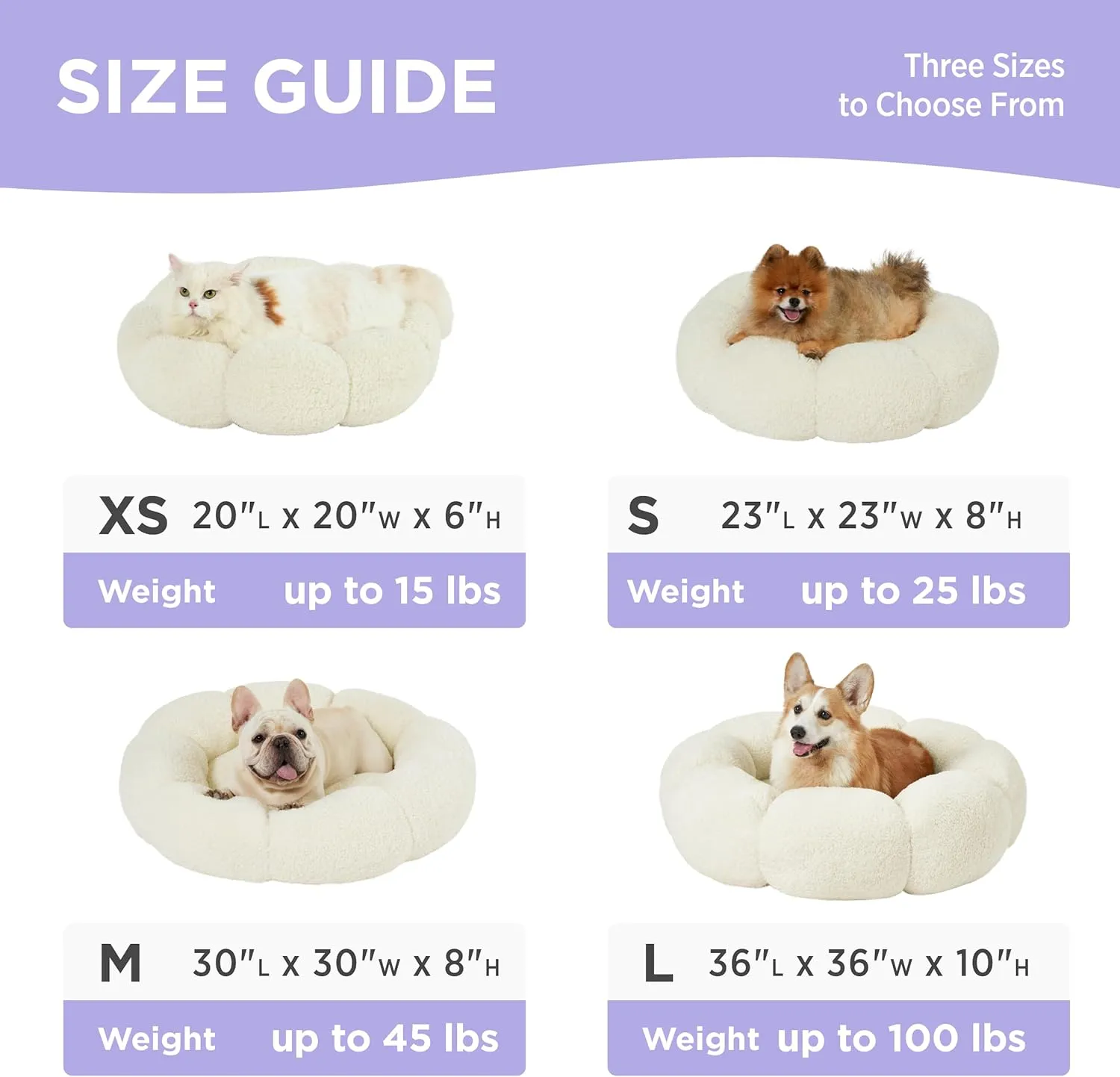 LE SURE Calming Large Dog Bed - Flower Donut Round Fluffy Puppy Bed in Plush Teddy Sherpa, Non-Slip Cute Flower Dog Beds, Large Pet Bed Fits up to 100 lbs, Machine Washable, Cream 36''