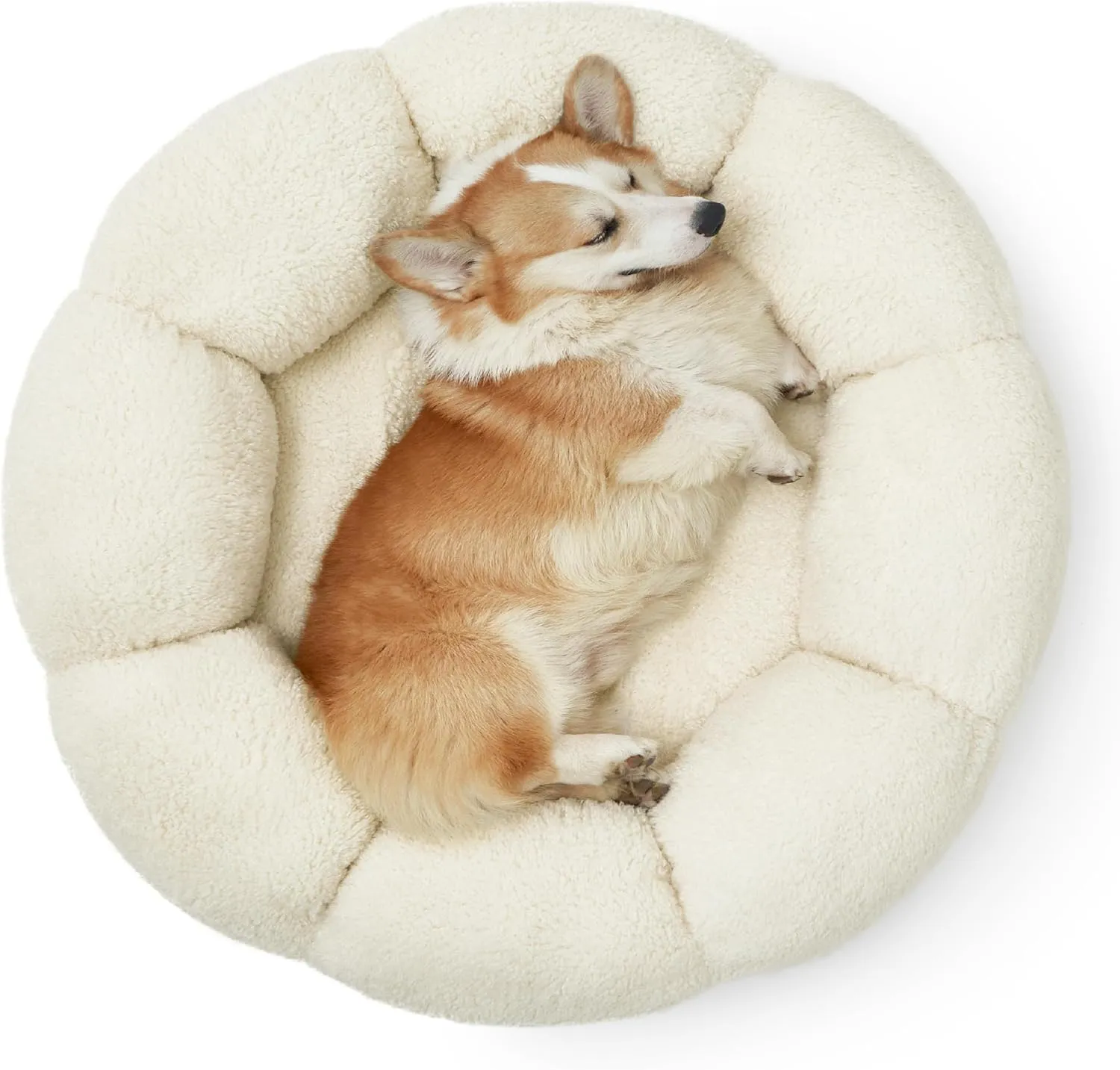 LE SURE Calming Large Dog Bed - Flower Donut Round Fluffy Puppy Bed in Plush Teddy Sherpa, Non-Slip Cute Flower Dog Beds, Large Pet Bed Fits up to 100 lbs, Machine Washable, Cream 36''