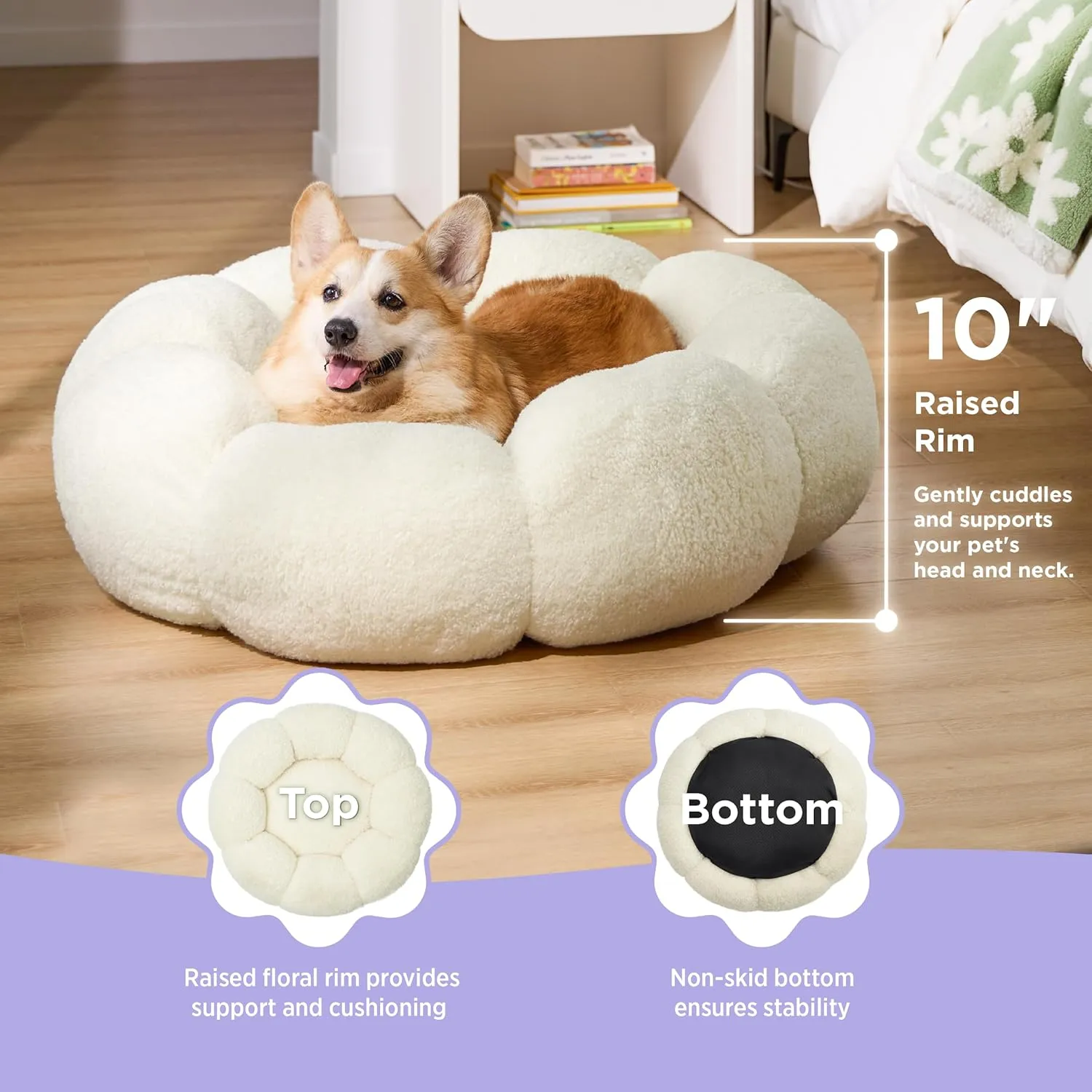 LE SURE Calming Large Dog Bed - Flower Donut Round Fluffy Puppy Bed in Plush Teddy Sherpa, Non-Slip Cute Flower Dog Beds, Large Pet Bed Fits up to 100 lbs, Machine Washable, Cream 36''