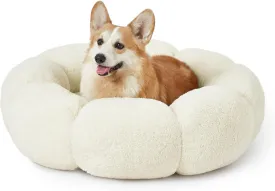 LE SURE Calming Large Dog Bed - Flower Donut Round Fluffy Puppy Bed in Plush Teddy Sherpa, Non-Slip Cute Flower Dog Beds, Large Pet Bed Fits up to 100 lbs, Machine Washable, Cream 36''