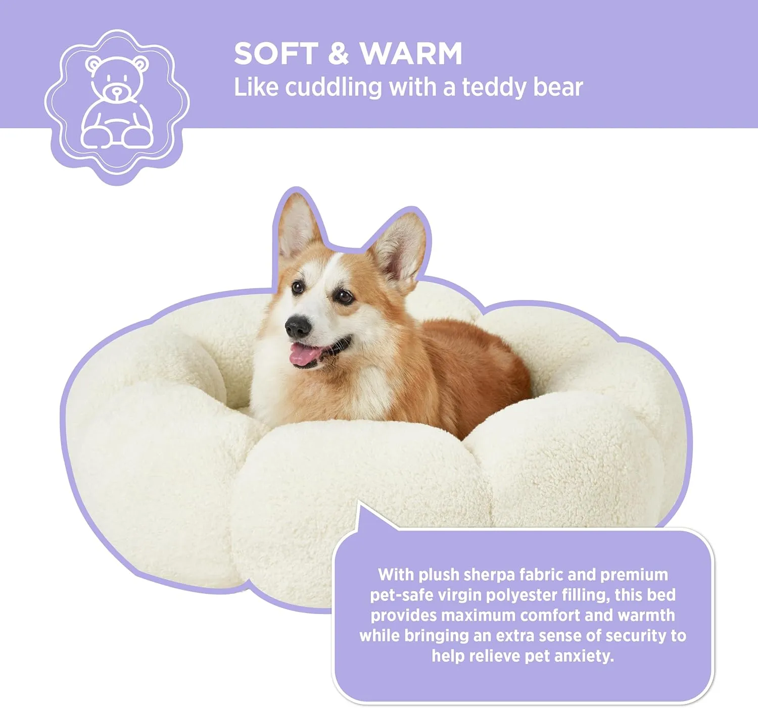 LE SURE Calming Large Dog Bed - Flower Donut Round Fluffy Puppy Bed in Plush Teddy Sherpa, Non-Slip Cute Flower Dog Beds, Large Pet Bed Fits up to 100 lbs, Machine Washable, Cream 36''