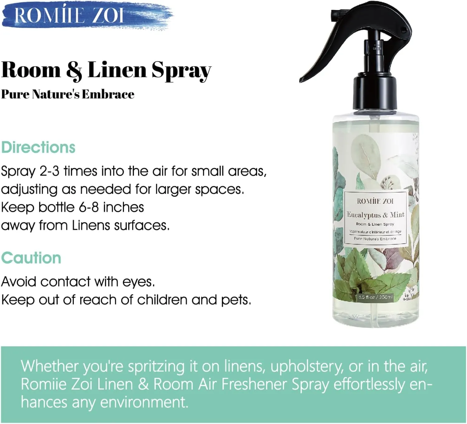 Linen & Room Air Freshener Spray Room Mist, with Natural Plant Extract, Eucalyptus & Mint Scent, 8.5 FL OZ.