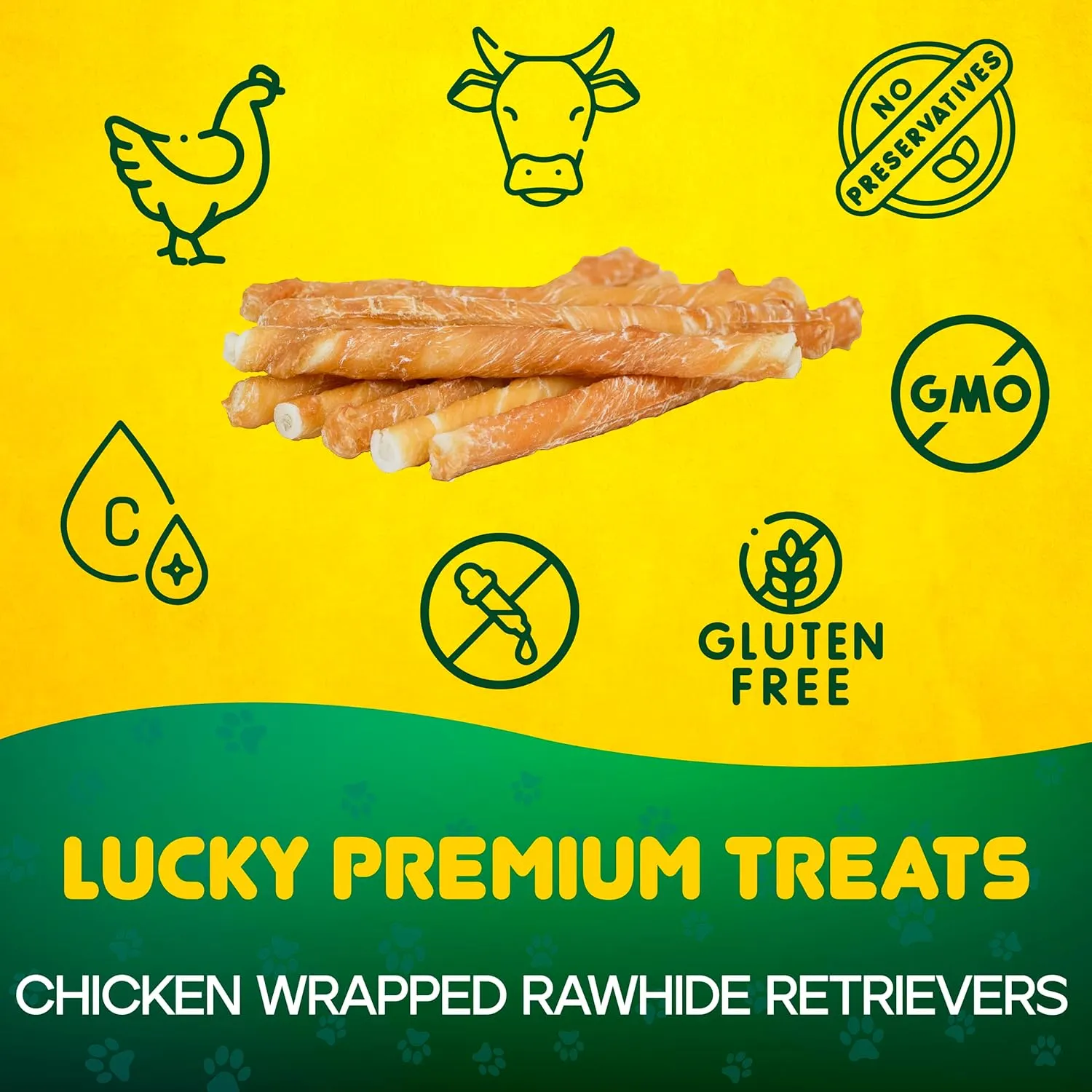 Lucky Premium Treats Chicken Wrapped Dog Treats  Retriever Size - USA Made Raw Hide Sticks for Large Size Dogs  Long Lasting, Preservative Free Dog Treats  5 Chews