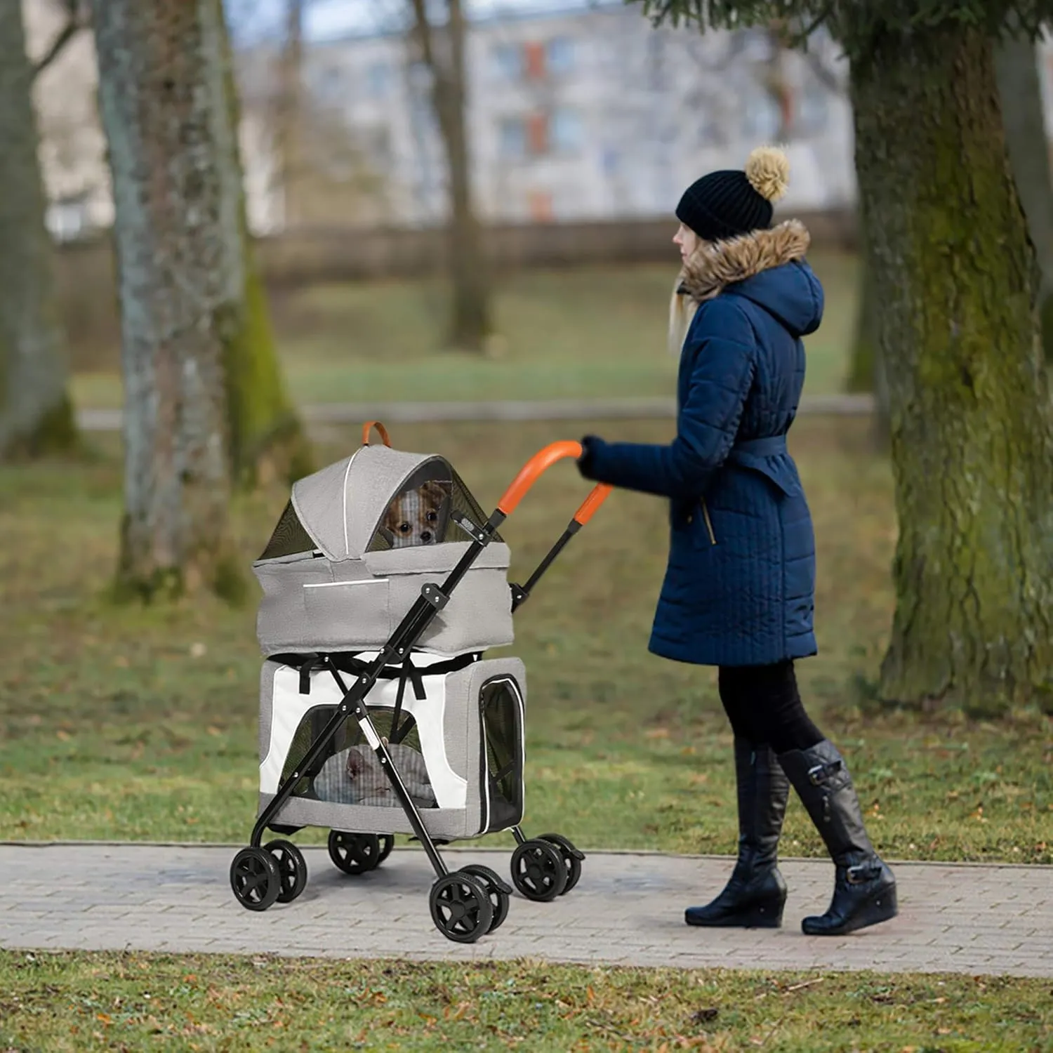 LUCKYERMORE Double Pet Stroller for 2 Dogs Cats Folding Portable Carrier Cage Detachable 3 in 1 Pet Stroller Travel Camping 4 Wheels Lightweight Waterproof Crate with Soft Pad,Dual Entry,Dark Grey