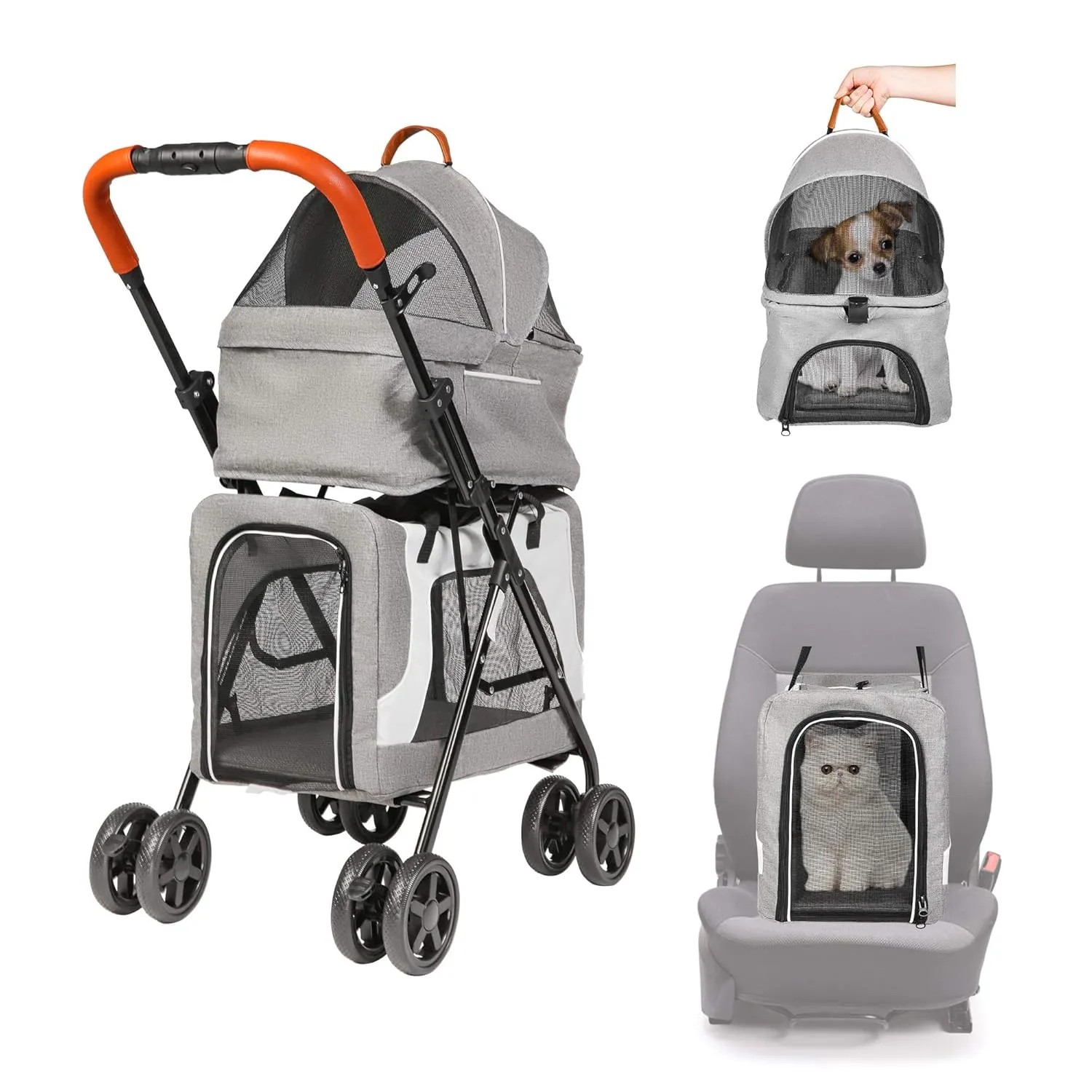 LUCKYERMORE Double Pet Stroller for 2 Dogs Cats Folding Portable Carrier Cage Detachable 3 in 1 Pet Stroller Travel Camping 4 Wheels Lightweight Waterproof Crate with Soft Pad,Dual Entry,Dark Grey
