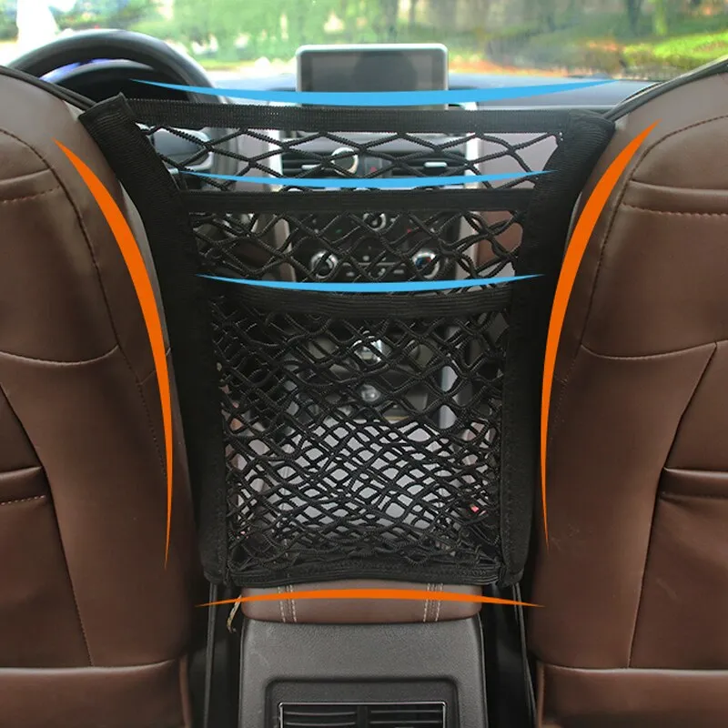 【LV008】Car Storage Net Bag Between Seats Car Divider Pet Barrier Stretchable Elastic Mesh Bag Organizer Auto Accessories