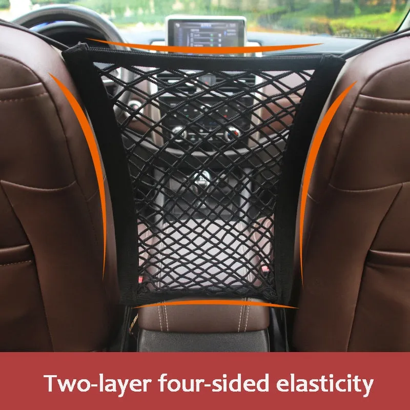 【LV008】Car Storage Net Bag Between Seats Car Divider Pet Barrier Stretchable Elastic Mesh Bag Organizer Auto Accessories