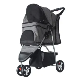 Medium Small Pet Stroller Cart, Folding Dog Cat Travel Puppy Jogger Trolley Carrier, Max Loading 15kg, Front Swivel Wheels and Rear Brake (Gray)
