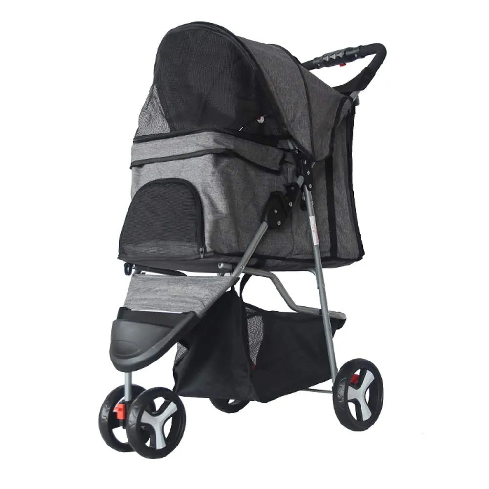 Medium Small Pet Stroller Cart, Folding Dog Cat Travel Puppy Jogger Trolley Carrier, Max Loading 15kg, Front Swivel Wheels and Rear Brake (Gray)
