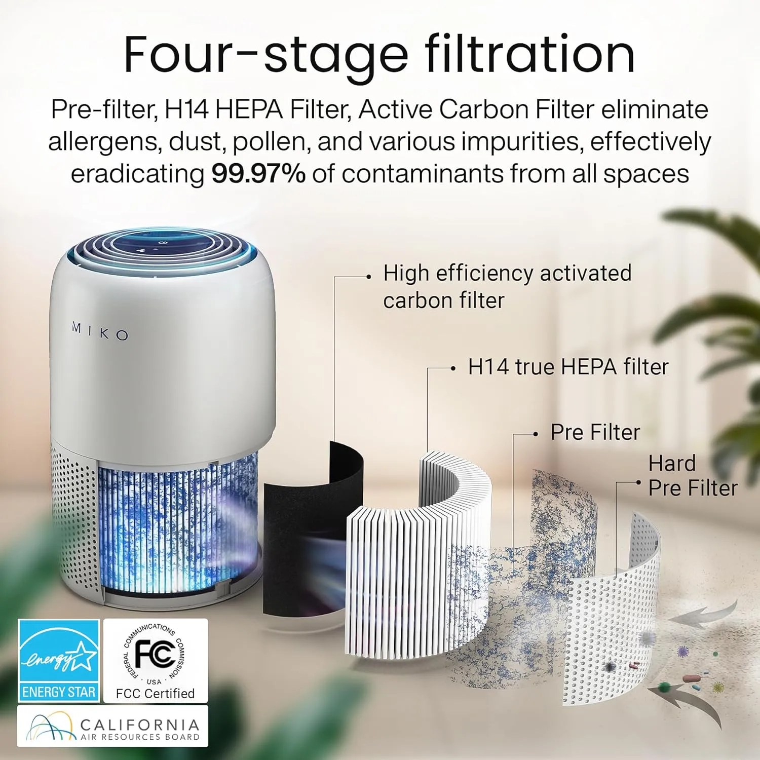 MIKO Air Purifier for Bedroom with 3-in-1 HEPA Filter & Sleep Mode, Whisper Quiet, Covers Up to 1200 ft, Smart Wi-Fi App Control - Removes Smoke, Allergens, Pets Hair, Dust, Odors, Pollutants