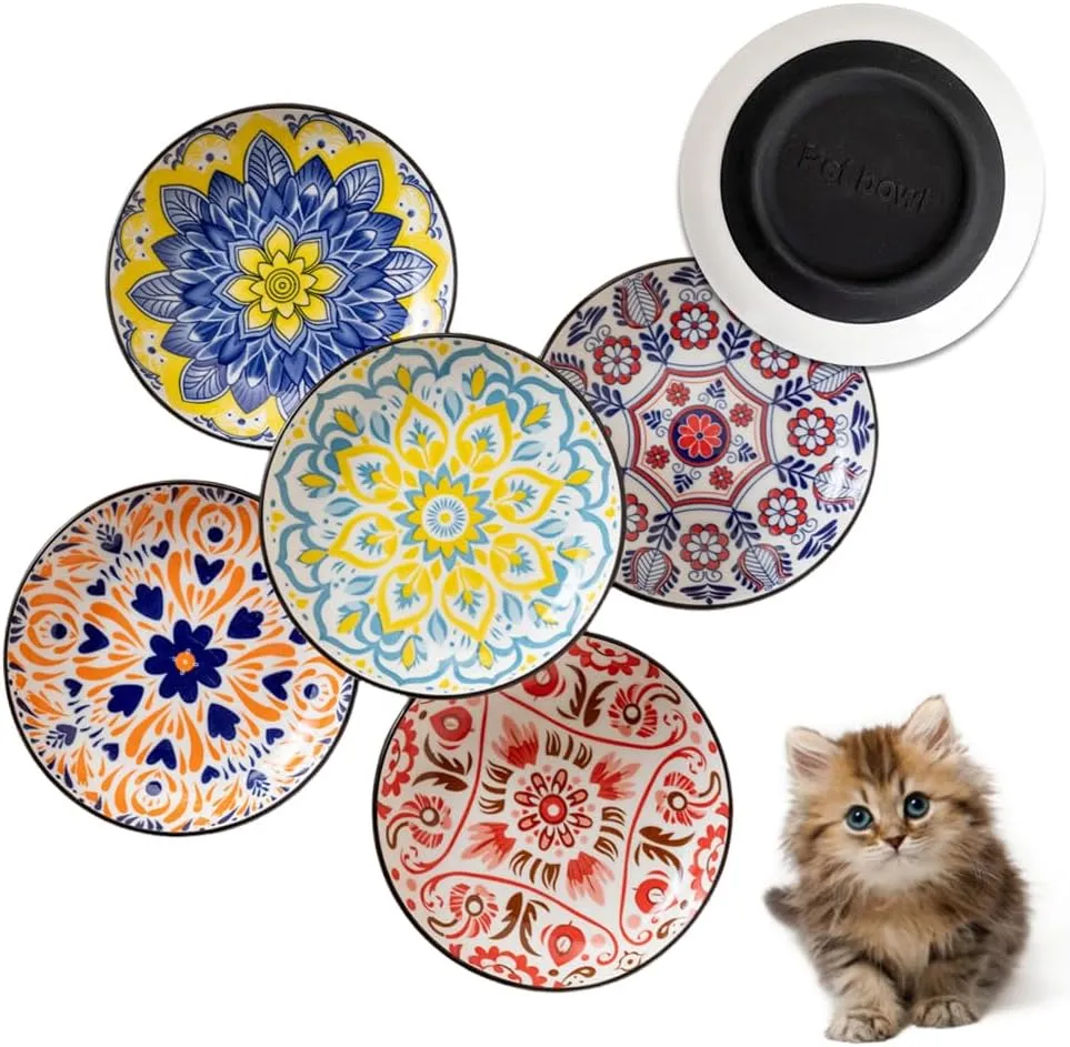 Non-Slip Cat Bowls, Ceramic Wide Pet Food Bowl Set for Relief Whisker Fatigue, 6 Pack Colorful Kitten Feeding Dishes Plates with Anti-Slip Silicone Base-Microwave and Dishwasher Safe, 8.5 oz