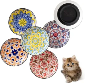 Non-Slip Cat Bowls, Ceramic Wide Pet Food Bowl Set for Relief Whisker Fatigue, 6 Pack Colorful Kitten Feeding Dishes Plates with Anti-Slip Silicone Base-Microwave and Dishwasher Safe, 8.5 oz