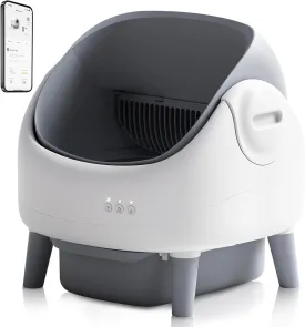 Open-Top Self Cleaning Litter Box, Automatic Cat Litter Box with APP Control, Dual Safety Sensors, Includes Trash Bags, Grey-White