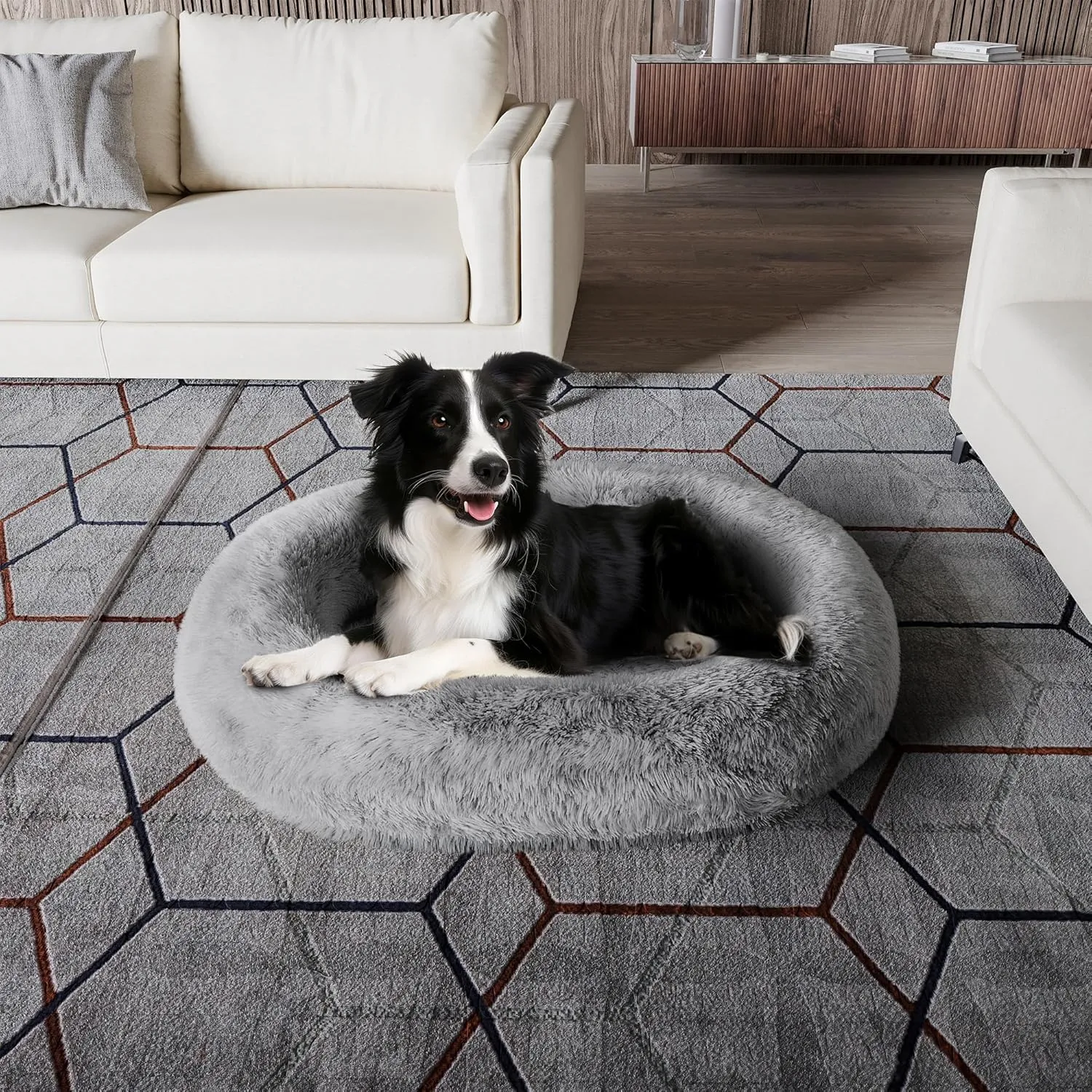 Orthopedic Calming Dog Bed for Large Dogs, Anti Anxiety Pet Beds with Supportive Foam, Removable Washable Oval Pets Couch, Fluffy Cuddle Bolster Cushion, Light Grey