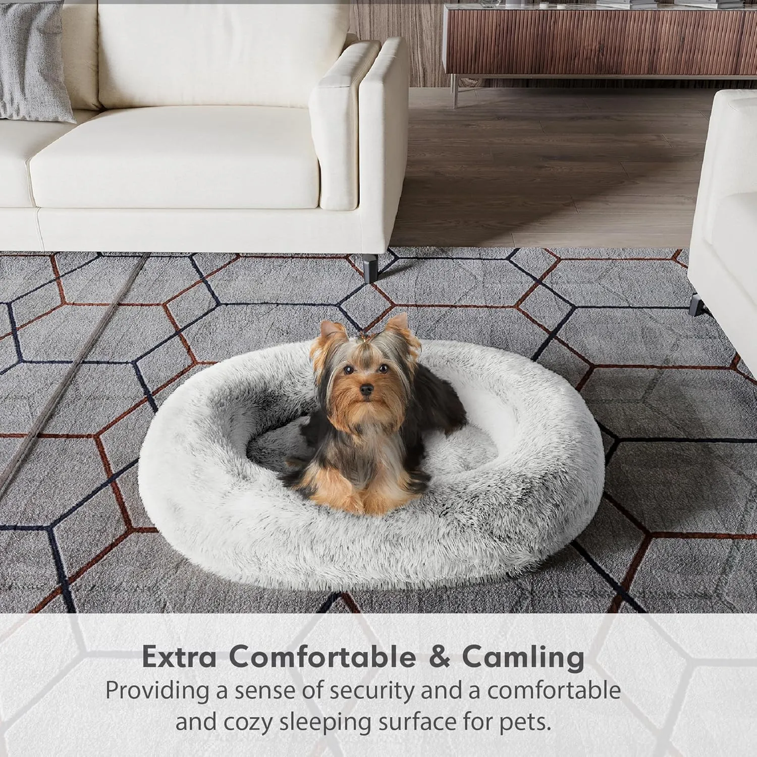 Orthopedic Calming Dog Bed for Large Dogs, Anti Anxiety Pet Beds with Supportive Foam, Removable Washable Oval Pets Couch, Fluffy Cuddle Bolster Cushion, Light Grey