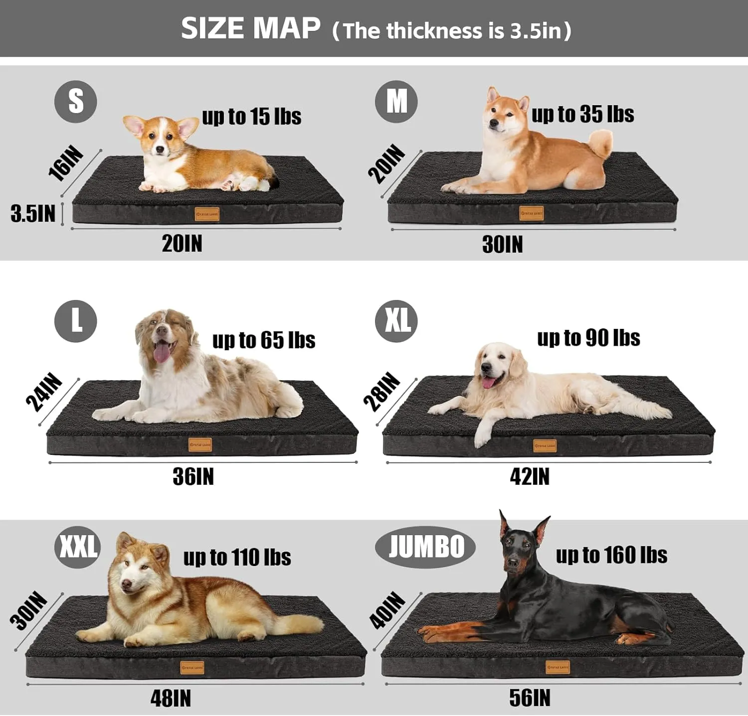 Patas Lague Orthopedic XL Dog Bed for Large Dogs 42''X28'', Soft Comfortable Waterproof Egg Crate Foam Big Large Pet Beds Mat with Removable Washable Cover, Black