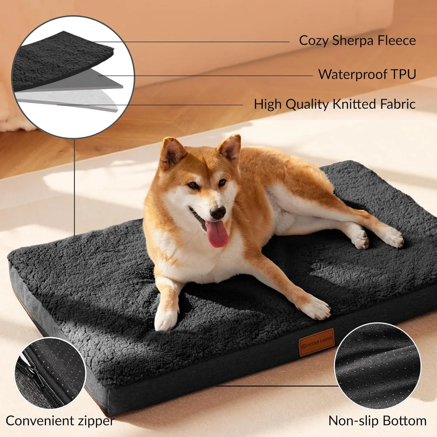Patas Lague Orthopedic XL Dog Bed for Large Dogs 42''X28'', Soft Comfortable Waterproof Egg Crate Foam Big Large Pet Beds Mat with Removable Washable Cover, Black