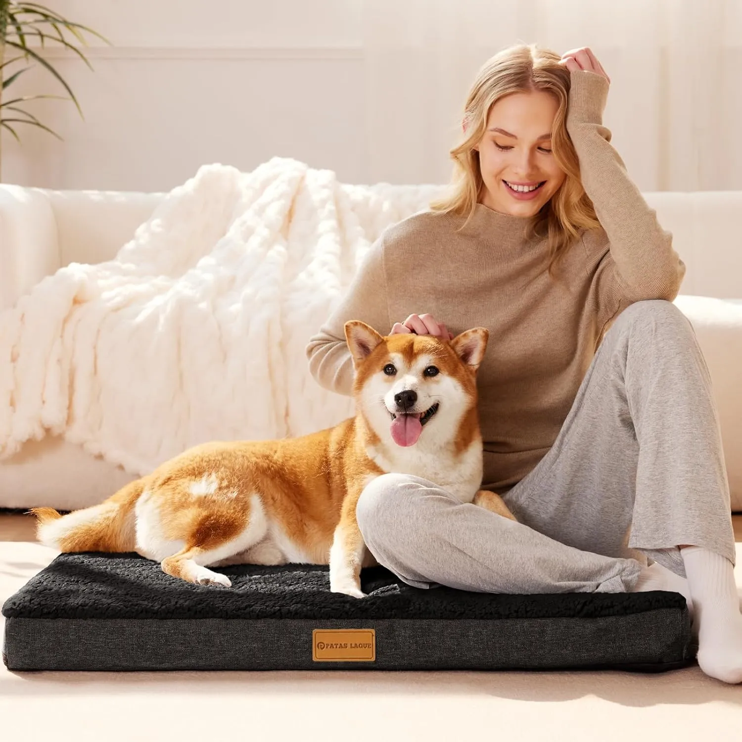 Patas Lague Orthopedic XL Dog Bed for Large Dogs 42''X28'', Soft Comfortable Waterproof Egg Crate Foam Big Large Pet Beds Mat with Removable Washable Cover, Black