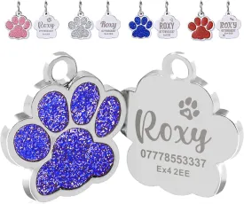 Personalized Dog & Cat Tags - Custom Dog ID Tags with Paw Print Design (Blue, Glitter Bling Finish)