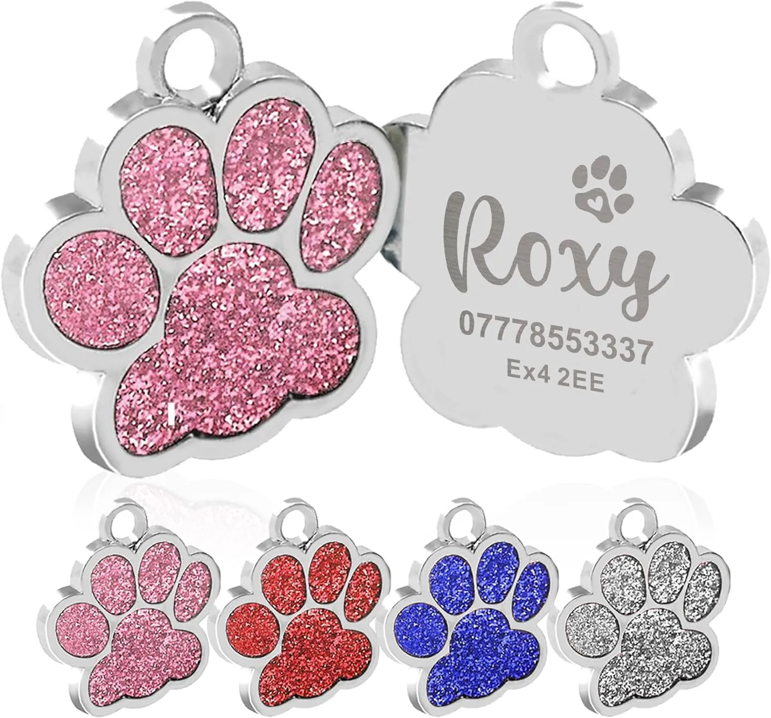 Personalized Dog & Cat Tags - Custom Dog ID Tags with Paw Print Design (Blue, Glitter Bling Finish)