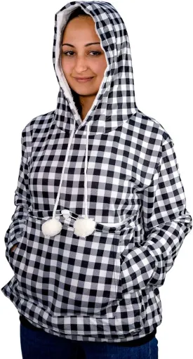 Pet Pouch Hoodie - Cat Dog Holder Sweatshirt Large Pocket Carrier Pullover Tops for Women (Black White, Small)