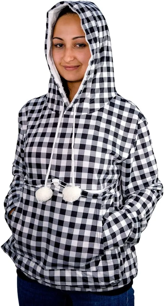 Pet Pouch Hoodie - Cat Dog Holder Sweatshirt Large Pocket Carrier Pullover Tops for Women (Black White, Small)