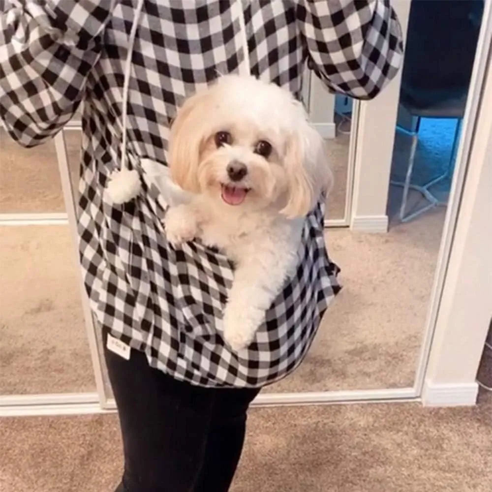 Pet Pouch Hoodie - Cat Dog Holder Sweatshirt Large Pocket Carrier Pullover Tops for Women (Black White, Small)