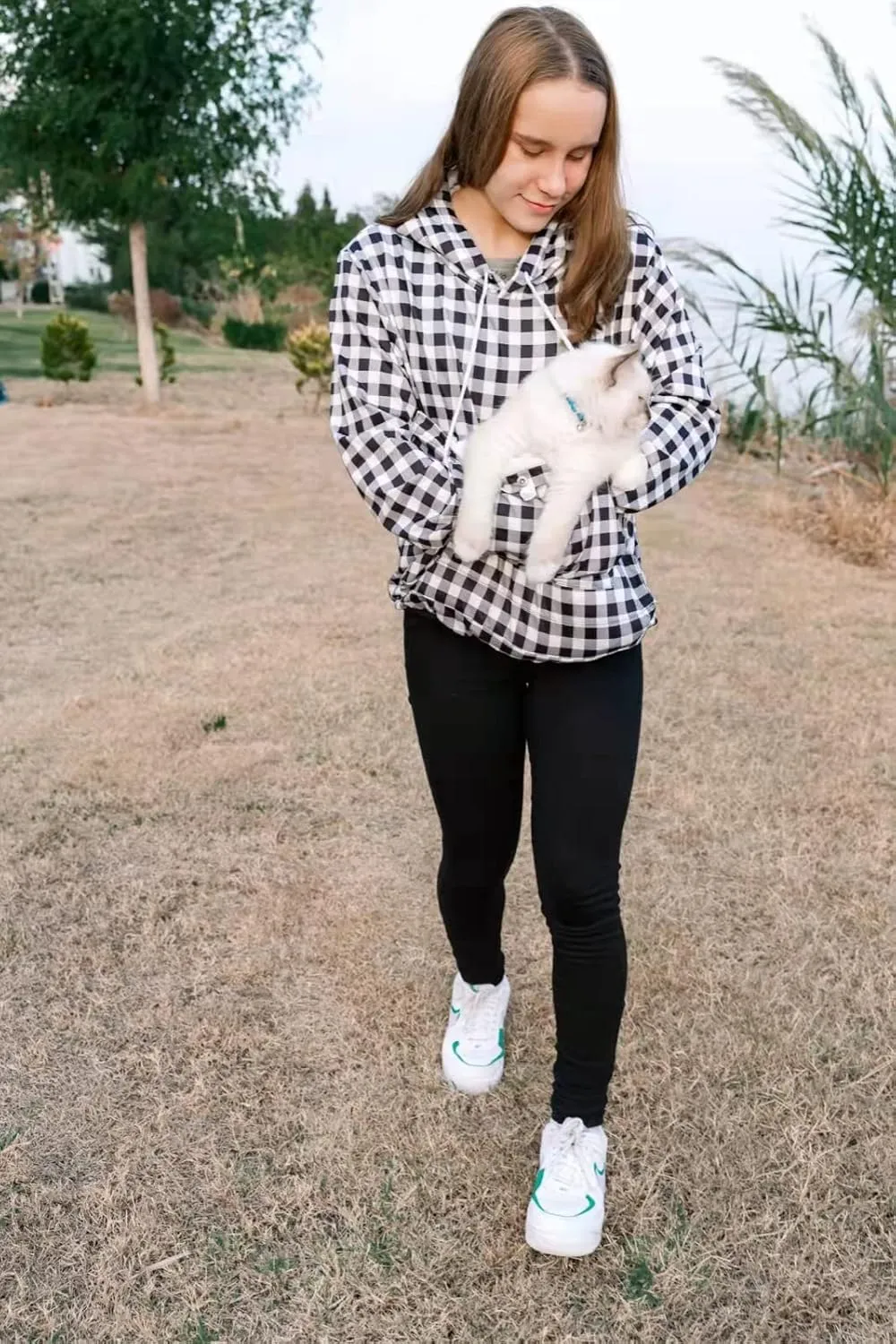 Pet Pouch Hoodie - Cat Dog Holder Sweatshirt Large Pocket Carrier Pullover Tops for Women (Black White, Small)