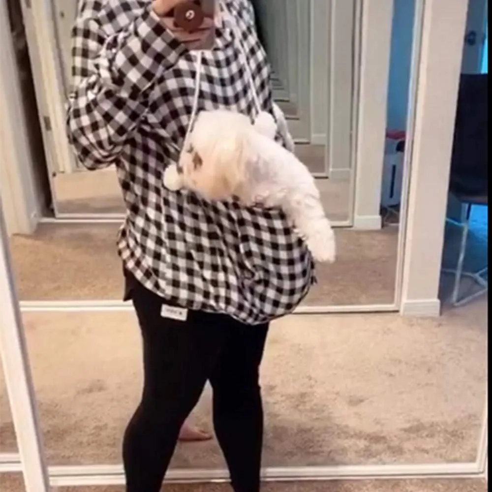 Pet Pouch Hoodie - Cat Dog Holder Sweatshirt Large Pocket Carrier Pullover Tops for Women (Black White, Small)